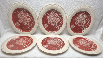 Pier 1 Imports Dinner Plate Red Beige Maribeth Ironstone 11” Retired Set Of 6-image