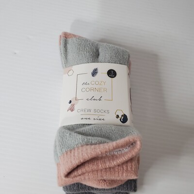 The Cozy Corner Club Crew Women's Socks One Size  3 Pair Pack Pink Gray New -image