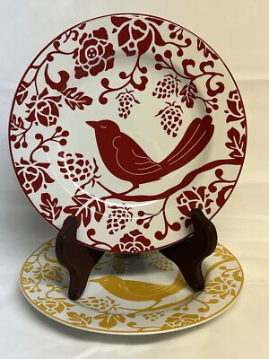 Pair of 2 Pier 1 Ceramic Salad/Dessert Plates 8.25” Red/Yellow Bird Design NWT-image