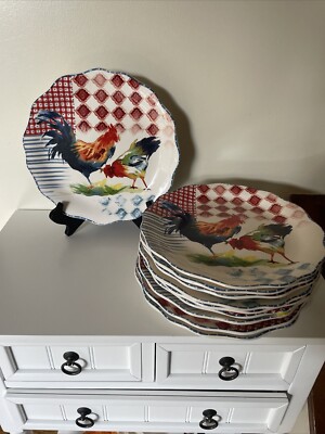 Lot Of 10 Pier 1 Ironstone Country Rooster Chicken Dinner Plate 11” Bird dish-image
