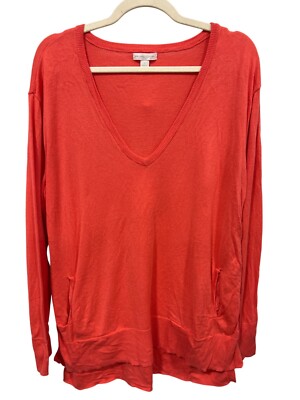 New York and Company V Neck Pullover Sweater Womens XL Orange Cozy Knit Lounge-image