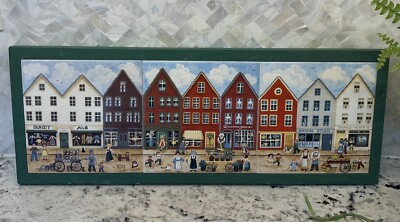 3 Framed Vintage 1998 Bergquist Imports Bryggen Tiles Norwegian folk art cottage-image