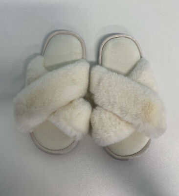 Women's US 5/6 Cross Band Slippers Soft Plush Cozy House Shoes Faux Rabbit Fur N-image