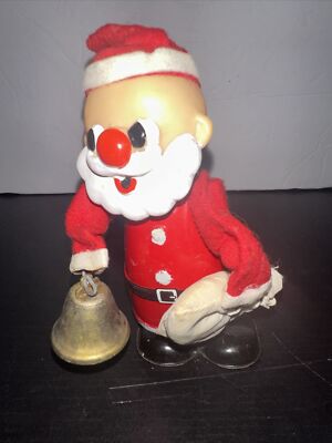 REAL! Vintage Santa Claus mechanical wind up walking bell ringing Tin Toy Works-image