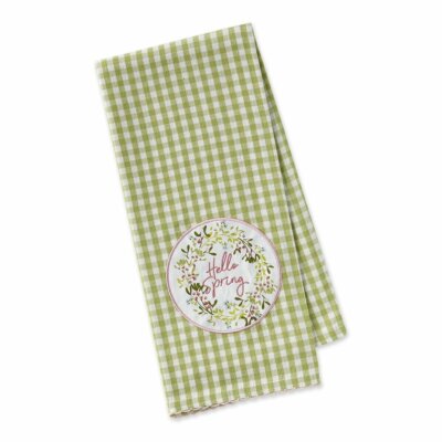 Hello Spring Wreath Embellished Green & White Checkered Cotton Dish Towel 18x28-image