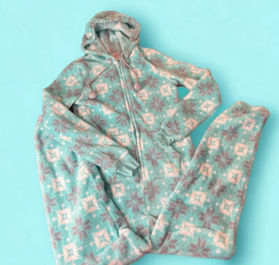 SO Adult Womens Small PJ Pajama One Piece Hooded No Feet Blue Snowflakes Nordic-image