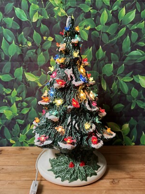 Vintage Ceramic Christmas Tree Musical Wind Up Two Piece Lights-image