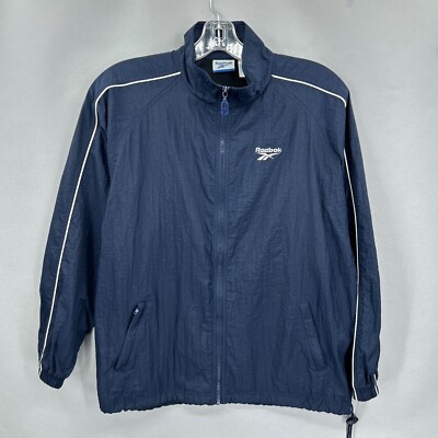 VTG 90s Reebok Jacket Mens Medium Navy Blue Windbreaker Zip Embroidered Big Logo-image