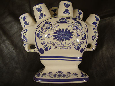 Exotic Imports 6 Neck Figure Porcelain Vase White Blue Fluted Floral Design Asia-image