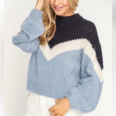 Lush blue white chevron sweater acrylic size small soft cozy-image
