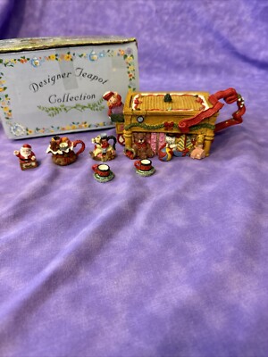 Popular Imports 1996 Mini Christmas Tea Set Teapot W/ Lid + 5 Pieces Box Include-image