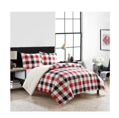New Mainstay Reverse to Sherpa Comforters Set F/Q Red Plaid 3pieces -image