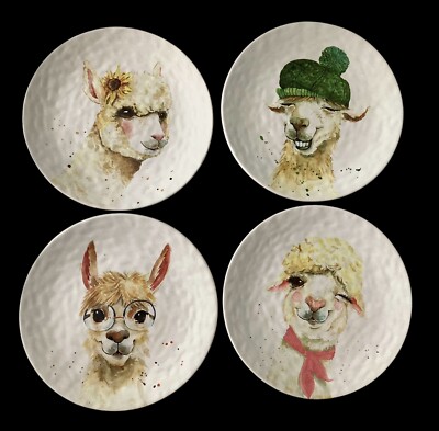 Pier 1 Set of 4 Llama Salad Dessert Luncheon Plates Scarf Hat Glasses Flower 8.5-image