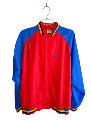 Vintage Puma Mens Large Wind Breaker Track Jacket Snap Button Red Blue Black-image