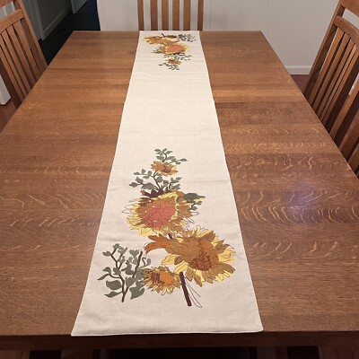 Pier 1 Imports Table Runner 72” x 13” Embroidered Floral Sunflower Linen READ-image