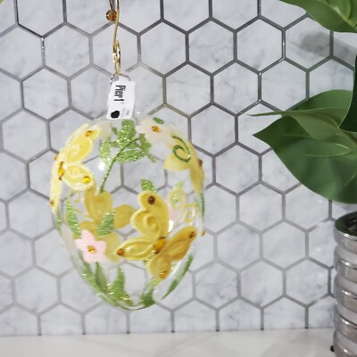 Pier 1 Glitter Butterfly Design Easter Egg Ornament Clear Glass Large Rare-image