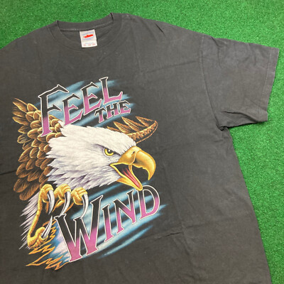 Vintage Feel The Wind Shirt Mens XXL Black Bald Eagle Biker Rider Motorcycle Y2K-image