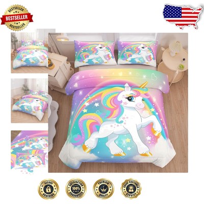 Cozy Unicorn Rainbow Comforter Set Twin Size with Pillowcase - Fun for Kids-image