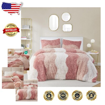 Soft Cozy Faux Fur Comforter Set with Abstract Ombre Design - Full/Queen Bedroom-image