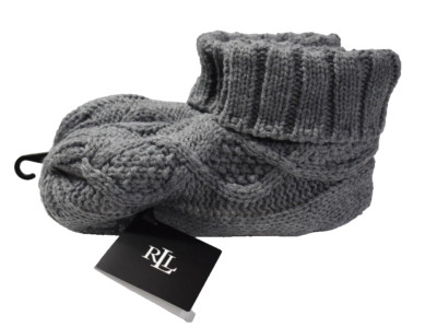 Ralph Lauren Womens's Cable Knit Bootie Slippers One Size Grey New! NWT-image