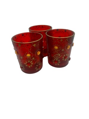 Set of 3 Pier 1 Red Beaded Glass Tea Light Candle Holders New. 1 Missing Beads-image