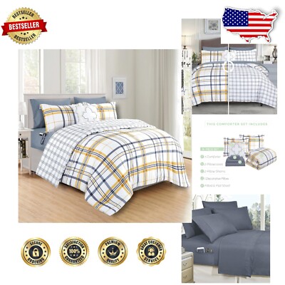 Charming Lodge Style 8-Piece Gold Plaid Comforter Set with Cozy Storage Features-image