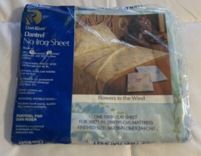 Vintage Danville Blue Flowers in the Wind TWIN Bed Flat Sheet  DAN RIVER-image