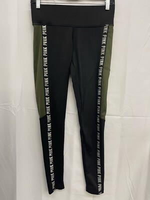 Victoria's Secret PINK Cozy Yoga Leggings Black/Green Small Phone Pocket EUC-image