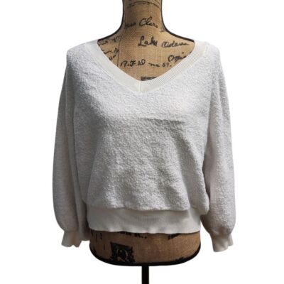 Soft & Cozy Lifestyle White Textured V-Neck Sweater Cozy Loungewear Size S-image