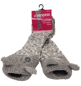 Carnival Ladies Soft Slipper Sock-Gray Bear Face Design, Plush & Cozy One Size-image