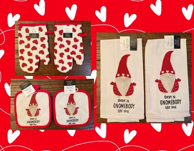 Valentine’s Day Gnome Kitchen Towels, Pot Holders & Oven Mitts Bundle Of 6-image