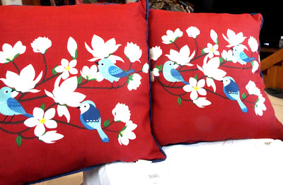 Mainstays Throw Pillows Red Blue Birds with Flowers 19 x 19 x 4 NWOT Set of 2-image