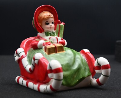 Vintage Wind-up Musical Lefton Girl in Sleigh with Skies Collectible 1956 RARE-image