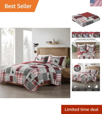 Reversible Oversized Quilt Set - Woodshed Moose Red, All-Season Cozy Bedding-image