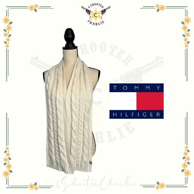 TOMMY HILFIGER Women's White Cable Knit Scarf w/ Flag Logo One Size Cozy Comfort-image
