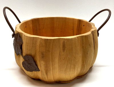 Pier 1 Wooden Pumpkin Bowl Basket Metal Handles Leaf Fall Design-image