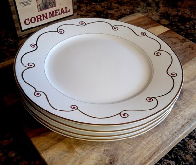 SET of (4) Pier 1 Imports HOLIDAY SCROLL Gold Rimmed 10.5” Dinner Plates-image