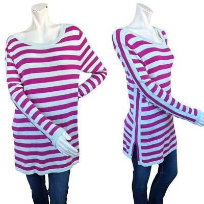 Soft Surroundings Mint & Pink Striped Long Sleeve Cashmere Blend Sweater Medium-image