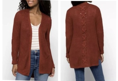 Rust Orange sz Small Long Cardigan Cozy Comfort Sweater Back Lace Up Detail -image