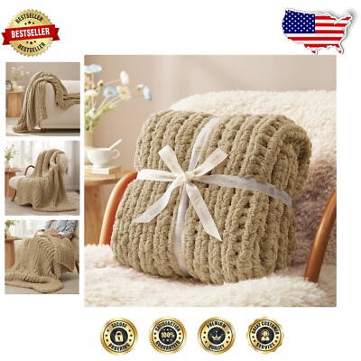 Beige Chunky Knit Throw Blanket - Luxurious Chenille for Cozy Comfort (40x50)-image