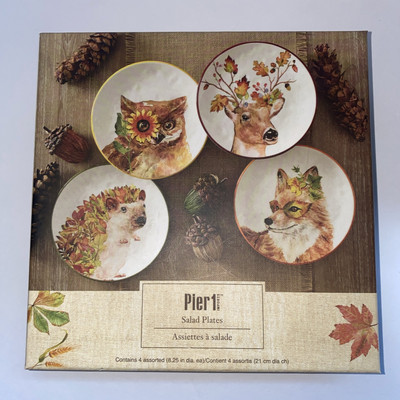 Pier 1 Fall Woodland Salad Plates Animals Set of 4 Assorted in Box 8.25”-image