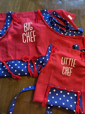 Parent & Me Red White, Blue Big & Little Chef Apron Set Braid Tassels Designer-image