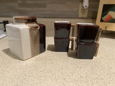 Pier 1 Imports Tri-Color Brown White Square Stoneware Teapot and Four Cups-image