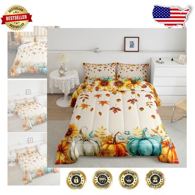 Cozy Lightweight Fall Pumpkin & Leaf Full Bedding Set with 2 Decorative Shams-image