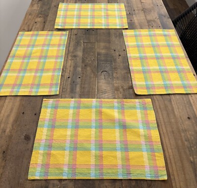 Lot Of 4 Pier 1 Reversible PASTEL PLAID 19x12” Placemats: Green Gingham • Easter-image