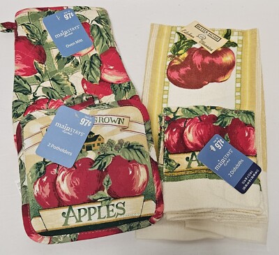 4 Pc. Kitchen Towel Dishcloth Potholder Oven Mitt Set Apples Design-image