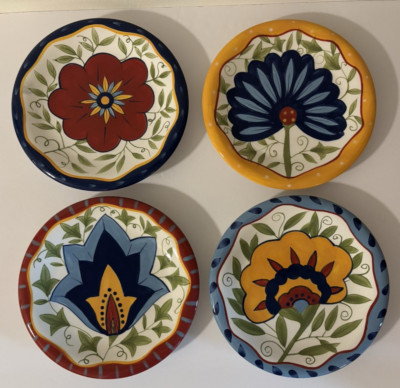 4 Hand Painted Pier 1 Earthenware Salad Plates with Floral Design 8.25