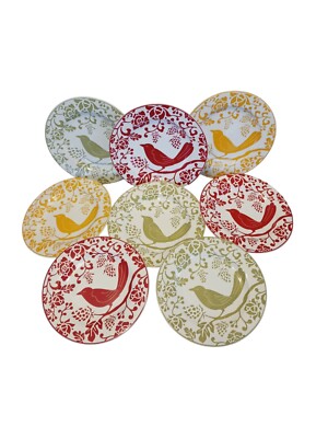Pier 1 Bird Stoneware 8 ¼” Salad/Dessert Plates, Set of 8, Red  Green Yellow-image