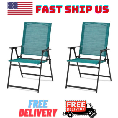 Mainstays Greyson Steel and Sling Folding Outdoor Patio Armchair, Teal SET 2-image