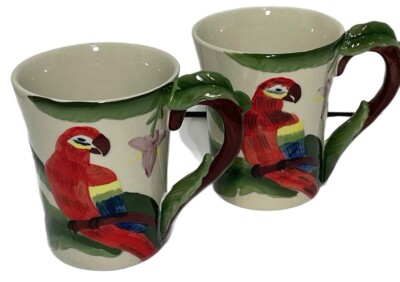 Pier 1 Imports Tall Stoneware Parrot Embossed Coffee Mug Cup Hand Painted 18 oz-image